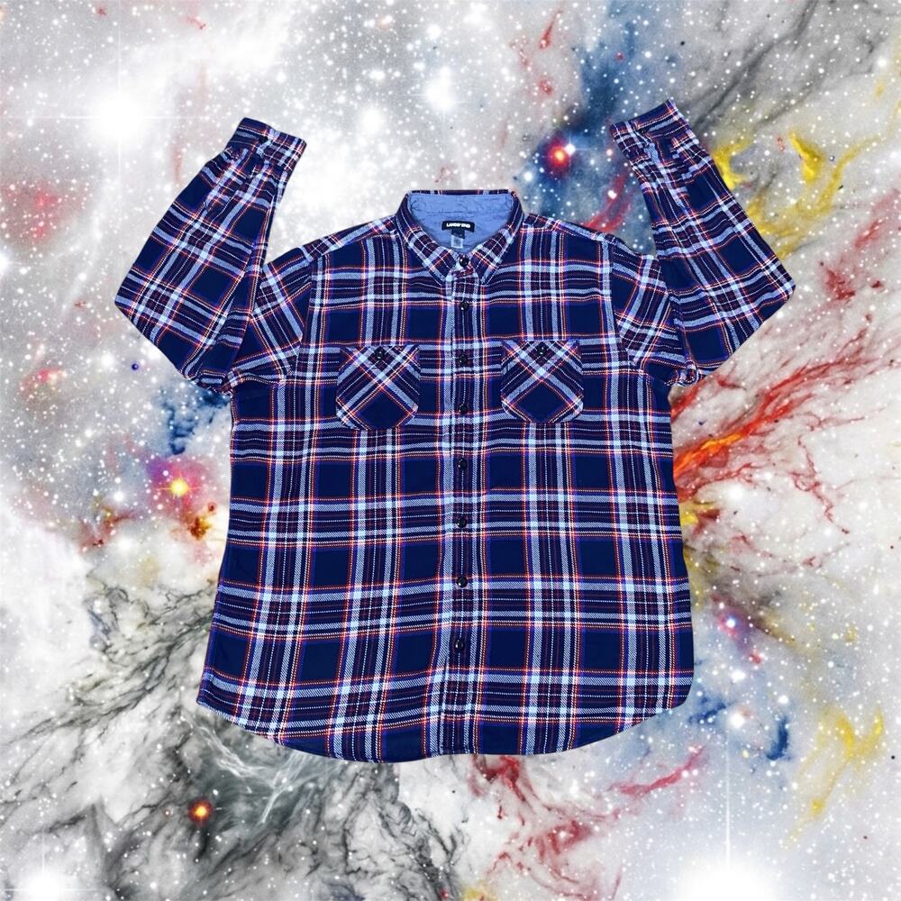 Lands End Mens Size XLT Navy Blue Plaid Cotton Flannel Button Shirt